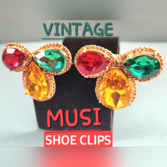 50's MUSI Antique Gold Emerald Green Ruby Red Canary Yellow Gemstones Shoe Clips - Picture 1 of 14